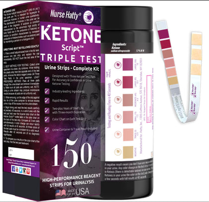 150ct ??? T R I P L E TEST Ketone Strips | Complete KIT | 3X Urine Accuracy for Ketogenic, Ketosis, Low-carb, Paleo & Keto Diets | Urinalysis Test Tube, Travel Pouch & Built-in Color Chart | XL Strip