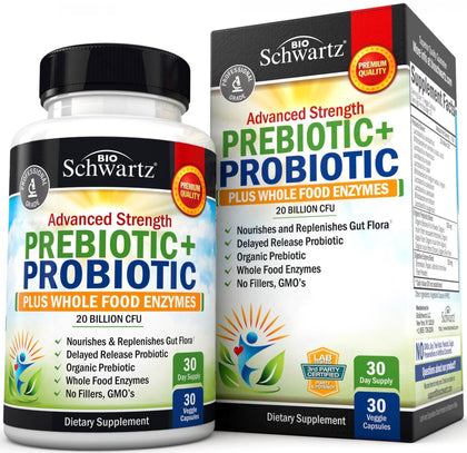 BioSchwartz Prebiotics & Probiotic w/Whole Food Enzymes for Adults - Probiotics Lactobacillus Acidophilus - Digestive Health Capsules Shelf Stable Supplement - Non-GMO Gluten & Dairy Free -30 Count