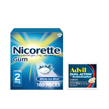 Nicorette 2 mg Nicotine Gum to Help Quit Smoking - White Ice Mint Flavored Stop Smoking Aid, 1-Pack, 160 Count, Plus Advil Dual Action Coated Caplets with Acetaminophen, 2 Count