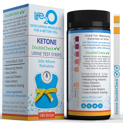 life2O DoubleCheck ?? Ketone Test Strips 180ct, 50x More Dependable Keto Test, Ketosis Test Strips for Urine, Ketones Urinalysis Urine Test Strip for Ketogenic, Low-Carb, Paleo & Atkins Diets