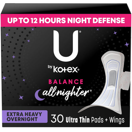 U by Kotex Balance Ultra Thin Overnight Pads with Wings, Extra Heavy Absorbency, 30 Count