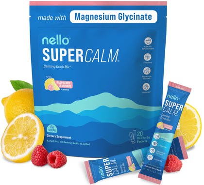 Nello Supercalm Powdered Drink Mix, Raspberry Lemonade, L Theanine, Ksm-66 Ashwagandha, Magnesium Glycinate, Vitamin D 3, Supplements for Relaxation & Focus, No Sugar, Non GMO, On The Go, 20 Ct