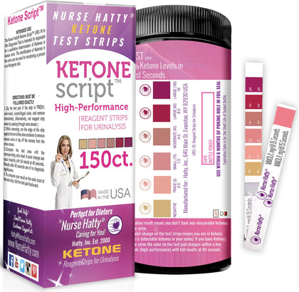 Nurse Hatty - 150 Ketone Test Strips w Built-in Color Chart - Free Keto Guide eBook & Free App - Made-in-The-USA - Urine Test for Ketogenic, Ketosis, Low Carb, Atkins & Paleo Diets - Extra Long Strips