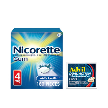 Nicorette 4 mg Nicotine Gum to Help Quit Smoking - White Ice Mint Flavored Stop Smoking Aid, 1-Pack, 160 Count, Plus Advil Dual Action Coated Caplets with Acetaminophen, 2 Count