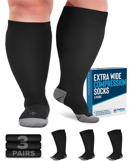 Doctor's Select 3 Pairs Plus Size Compression Socks Wide Calf - Up to 6XL | 20-30 mmHg Compression Socks for Women Wide Calf | Extra Wide Calf Compression Socks Women | Black