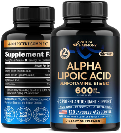 Alpha Lipoic Acid 600mg - ALA Supplement Antioxidant for Nerve, Energy & Metabolism Support - Extra Strength with Benfotiamine, Vitamins B1 & B12 - Lab Tested, NON-GMO & Vegan - 120 Capsules, 2 Month