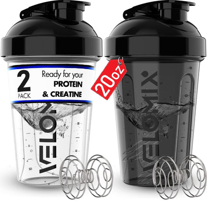 VELOMIX -2 Pack- 20 oz Protein Shaker Bottles for Protein Mixes - 2x Wire Whisk | Leak Proof Shaker Cups for Protein Shakes and Pre Workout | Protein Shaker Bottle Pack | Protein Mixer Cup