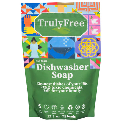 Truly Free Auto Dishwasher Soap, 12.5oz Bag - Natural Concentrated Formula - Dish Soap, Dishwasher Detergent Cleaning Supplies, Hard Water Stain Remover, Sparkling Clean Dishes, No Harmful Ingredients