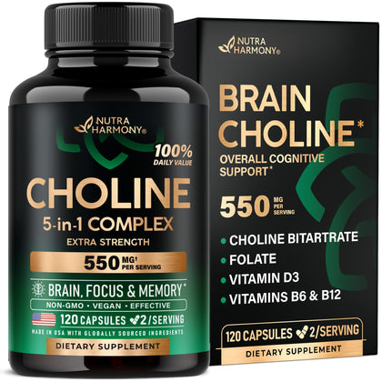 Choline Supplement 550mg - Choline Bitartrate 100% Daily Value - 5-in-1 Complex with Folate, Vitamins D3, B6 & B12 - Brain & Nervous System Support, Safe for Pregnancy - Vegan, NON-GMO - 120 Capsules