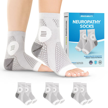 BraceAbility Neuropathy Socks for Women and Men (Pair) - Toeless Compression Foot Neuropathy Socks, Peripheral Neuropathy Socks, Diabetic Neuropathy Socks, Arthritis Socks (L - Gray)