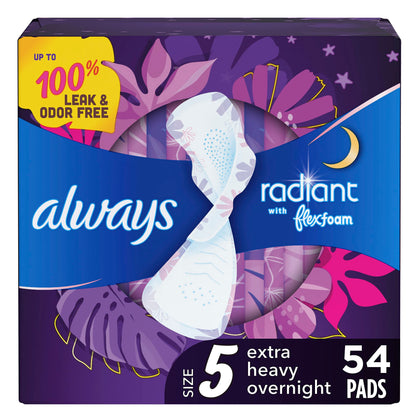 Always Radiant Overnight Feminine Pads for Women, Size 5 Extra Heavy Nighttime, with Wings, Scented, 54 ct