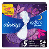 Always Radiant Overnight Feminine Pads for Women, Size 5 Extra Heavy Nighttime, with Wings, Scented, 54 ct