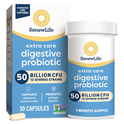 Renew Life Extra Care Digestive Probiotic Capsules, 50 Billion CFU Guaranteed, Daily Supplement Supports Immune, Digestive, Respiratory Health(1), L. Rhamnosus GG, Dairy, Soy and Gluten-Free, 30 Count