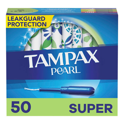 Tampax Pearl Tampons Super Absorbency, With Leakguard Braid, Unscented, Unscented, 50 Count