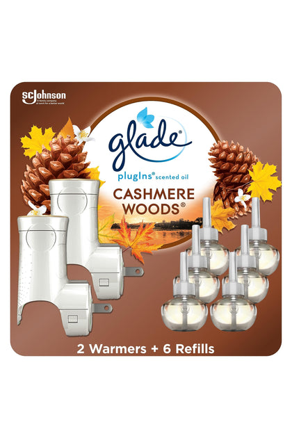 Glade PlugIns Air Freshener Starter Kit, Scented and Essential Oils for Home and Bathroom, Cashmere Woods, 4.02 Fl Oz, 2 Warmers and 6 Refills