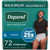 Depend Fresh Protection Adult Incontinence Underwear for Men, Disposable, Maximum, Large, Grey, 72 Count (2 Packs of 36), Packaging May Vary