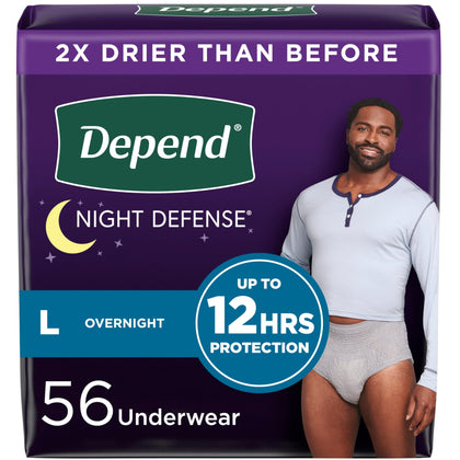 Depend Night Defense Adult Incontinence Underwear for Men, Disposable, Overnight, Large, Grey, 56 Count (4 Packs of 14), Packaging May Vary