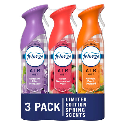 Febreze Air Mist Odor-Fighting Air Freshener Mixed Scent, Southern Lilac Mornings, Georgia Peach Orchard, Sweet Watermelon Vine, 8.8 oz. Aerosol Can, Pack of 3