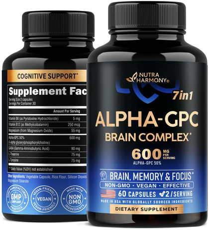 Alpha GPC 600 mg - Alpha-GPC Supplement for Focus, Memory & Energy - Bioactive Choline for Brain & Cognition - with Gaba | L-Theanine | Vitamin B6 & B12 - for Men & Women - Made in USA - 60 Capsules