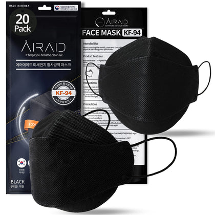 AIRAID-KF94 [Individually Wrapped] - Made in Korea, 4-Layer Filter, 3D Face Mask, Black, White, Adult and Older Teens (Black-20P)