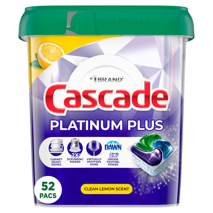 Cascade Platinum Plus Dishwasher Pods, Dish Detergent ActionPacs, Clean Lemon, 52 Count