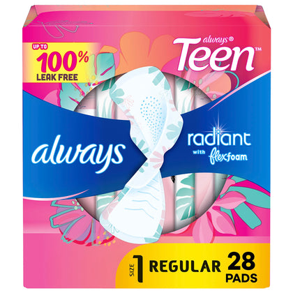 Always Radiant Teen Feminine Pads with FlexFoam, Size 1, Regular, with Wings, Unscented, 28 CT