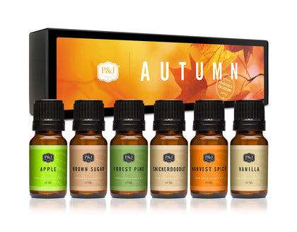 P&J Fragrance Oil Autumn Set | Brown Sugar, Apple, Harvest Spice, Vanilla, Forest Pine, and Snickerdoodle Scents for Candle Making, Freshie Scents, Soap Making Supplies, Diffuser Oil Scents