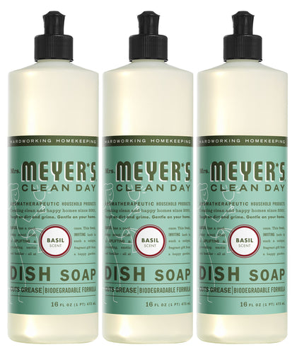 MRS. MEYER'S CLEAN DAY Liquid Dish Soap, Biodegradable Formula, Basil, 16 fl. oz - Pack of 3