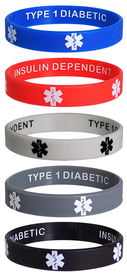 Max Petals Type 1 Diabetic Insulin Dependent Medical Alert ID Privacy Enhanced Silicone Bracelets Wristbands 5 Pack