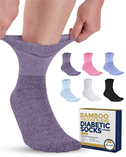 Pembrook Bamboo Viscose Diabetic Socks for Women & Men - 6 Pairs Ankle Socks for Swollen Feet | Neuropathy Socks | Wide Calf and Ankle Socks | Edema Neuropathy Socks for Women