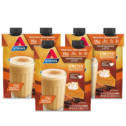 Atkins Pumpkin Spice Latte, 15g Protein, 3g Net Carbs, 1g Sugar, Low Glycemic, Keto Friendly, 12 Count