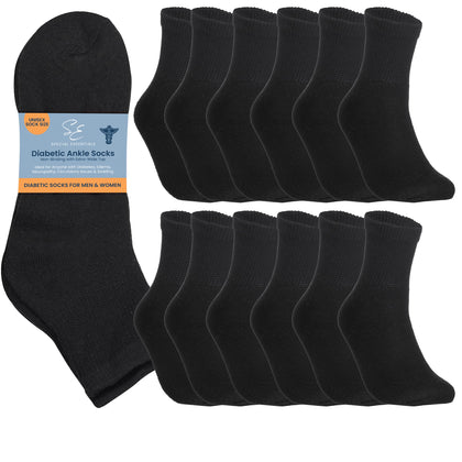 Special Essentials 12 Pairs Cotton Diabetic Ankle Socks - Non-Binding With Extra Wide Top For Men and Women Black 13-15