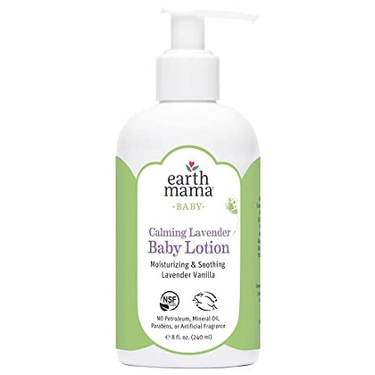 Earth Mama Calming Lavender Baby Lotion for Dry Skin, Calendula Cream for Newborn Skin Care, Organic Moisturizer for Children with Aloe Juice, Rooibos, & Shea Butter, Lavender Lotion, 8 Fl Oz