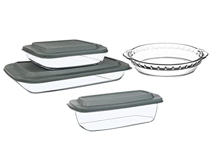 7-Piece Glass Bakeware Set, Baking Dishes, Glass Loaf Pan with Lids, Glass Pie Plate, 9x13 Roasting Pan, Square Pan, Fridge-to-Oven-Friendly