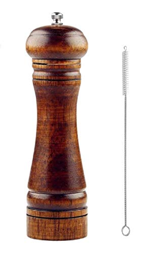 Wooden Pepper Mill or Salt Mill with a cleaning brush - 8 inch tall - Best Pepper or Salt Grinder Wood with a Adjustable Ceramic Rotor and easily refillable - Oak Wood Pepper Grinder for your kitchen