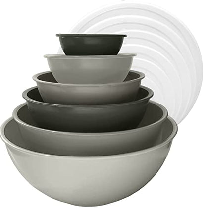 edge Plastic Mixing Bowls 12 Piece Nesting Set 6 Prep Bowls and 6 Lids, for Baking, Cooking and Storing, Tonal Charcoal