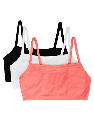 Fruit of the Loom Womens Spaghetti Strap Cotton Pull Over 3 Pack Sports Bra, Black Hue/White/Punchy Peach, 32