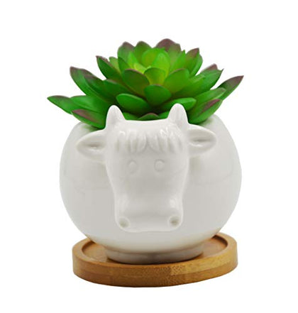 Cuteforyou Succulent Pots,Cute 4.72 Inch Indoor Animal Cow Shaped Cartoon Ceramic Succulent Cactus Flower Pot with Bamboo Tray -Plant Not Included