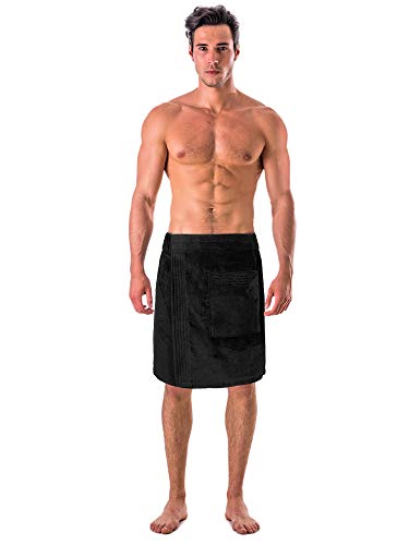 Turkish Cotton Terry Velour Adjustable Body Wrap Towel for Men (Black, One Size)