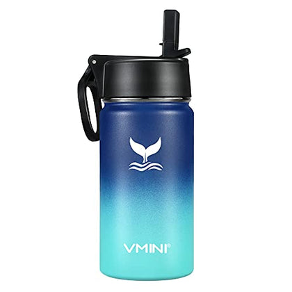 Vmini Water Bottle with Straw, Kids Water Bottle with Wide Rotating Handle Straw Lid, Wide Mouth Vacuum Insulated Stainless Steel Water Bottle, Gradient Blue+Mint, 12 oz