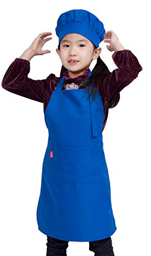 ALIPOBO Kids Apron and Chef Hat Set, Children's Adjustable Bib Apron with 2 Pockets. Cute Boys Girls Kitchen Apron for Cooking, Baking, Painting, Training Wear (2-5 Year, Blue)