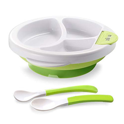 Matyz Baby Feeding Suction Warm Plate with Draining and Drying Design - Stay Put Divided Plate for Kids - Including 1 Toddler Plate and 2 Spoons - Microwave & Dishwasher Safe (Green)