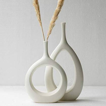 Kimisty Nordic Ceramic Vase Set 2, White Modern Minimalist Bud Vase, Hollow Vase Decor, Sculpture Decor, Fire Place Decoration, Mid Century, Abstract Design