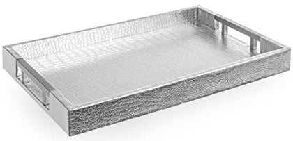 Home Redefined Modern Rectangle Silver Alligator Faux Leather Decorative Serving Tray with Silver Metal Handles for All Occasion's L 17.71