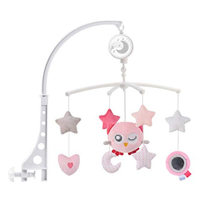 TuiVeSafu Baby Musical Crib Mobile with Hanging Rotating Plush Pink Owl Pendant Toys, Winding Drive Music Box, Infant Bed Decoration for Newborn Boys and Girls