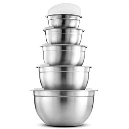 FineDine 5 Deep Nesting Mixing Bowls with Lids for Kitchen Storage , Cooking Food, Baking, Breading, Salad or Meal Prep - Silver Stainless Steel - Large