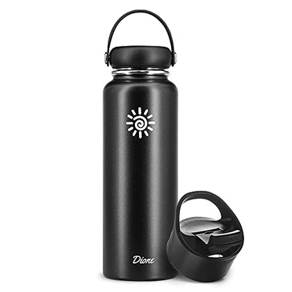 Dione Water Bottle 40 oz. Flask Double Wall Stainless Steel & Vacuum Insulated (Black) Sport Hydro Container (Standard Mouth/Leak Proof/BPA Free Cap), (MB000315)