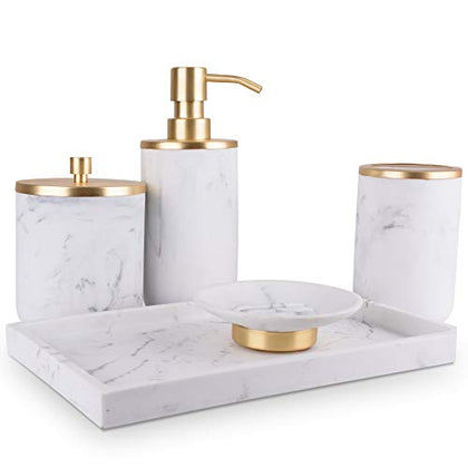 Bathroom Soap Dispenser Set - Bathroom Toothbrush Holder Set, Marble, Gold, Farmhouse Bathroom Decor, 5 Piece Bathroom Accessories Set