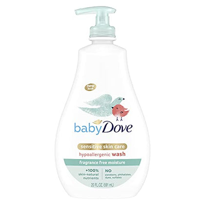 Baby Dove Sensitive Skin Care Baby Wash For Bath Time, Moisture Fragrance Free and Hypoallergenic, Washes Away Bacteria 20 oz