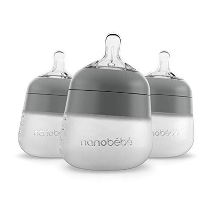 Nanobébé Flexy Silicone Baby Bottle, Anti-Colic, Natural Feel, Non-Collapsing Nipple, Non-Tip Stable Base, Easy to Clean 3-Pack, Gray, 5 oz